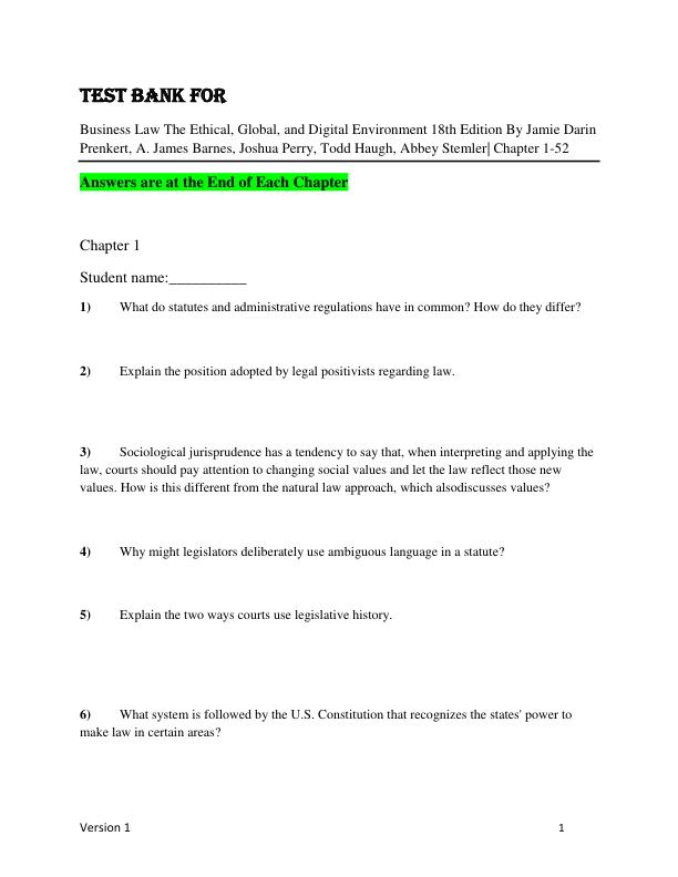 Test Bank for Business Law The Ethical, Global, and Digital Environment 18th Edition By Jamie Darin Prenkert, A. James Barnes, Joshua Perry, Todd Haugh, Abbey Stemler