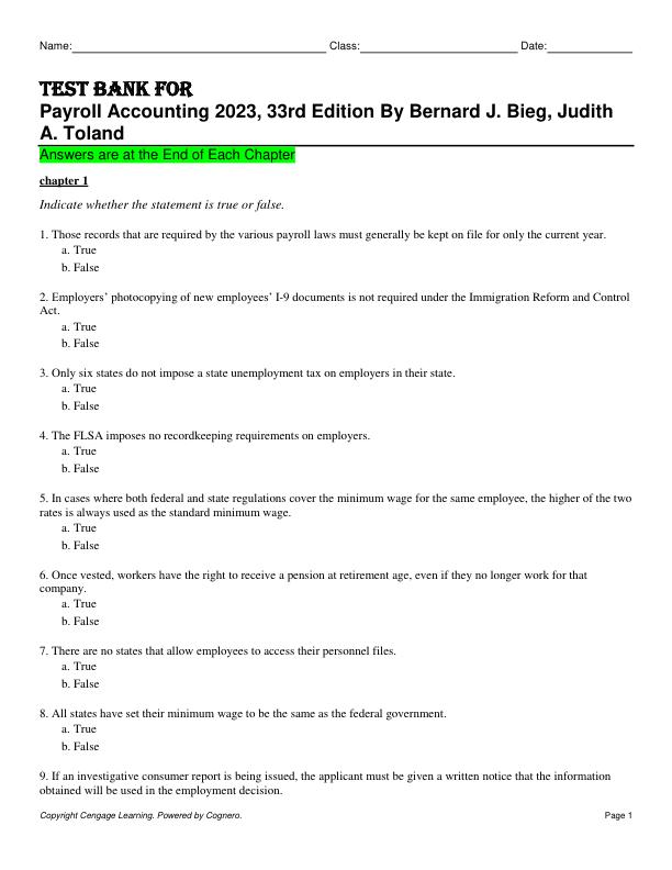 Test Bank for Payroll Accounting 2023, 33rd Edition By Bernard J. Bieg, Judith A. Toland