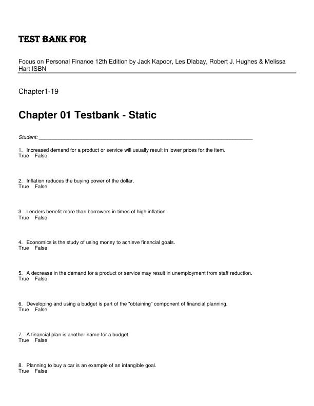Test Bank for Focus on Personal Finance 12th Edition by Jack Kapoor, Les Dlabay, Robert J. Hughes & Melissa Hart ISBN-13 ‎978-1259720680