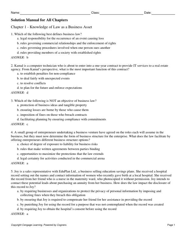 Test Bank for Canadian Business and the Law 7th edition by Philip King, Dorothy Duplessis, Shannon O'Byrne, Lokkie Adams, Steven Enman