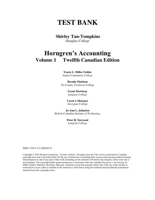 Test Bank for Horngren's Accounting, Volume 1, Canadian Edition, 12th Edition By Tracie Miller Nobles, Brenda Mattison, Ella Mae Matsumura