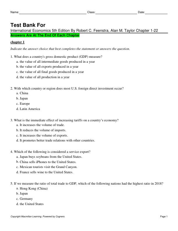 Test Bank For International Economics 5th Edition By Robert C. Feenstra, Alan M. Taylor