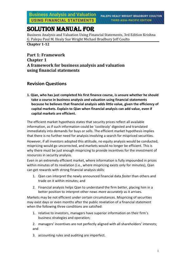 Solution Manual For Business Analysis and Valuation Using Financial Statements, 3rd Edition Krishna G. PalepuPaul M. HealySue WrightMichael BradburyJeff Coulton