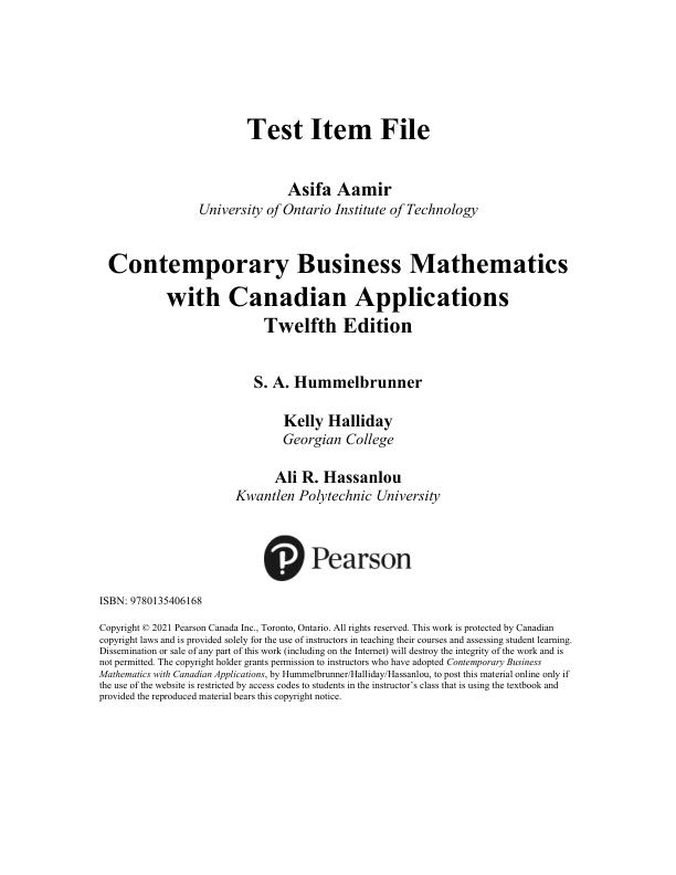 Test Bank For Contemporary Business Mathematics with Canadian Applications 12th Edition by Ali R. Hassanlou, S. A. Hummelbrunner, Kelly Halliday