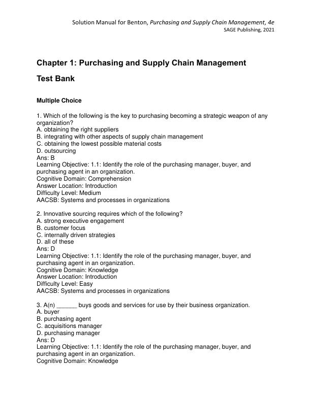 Test Bank for Purchasing and Supply Chain Management 4th Edition by W. C. Benton