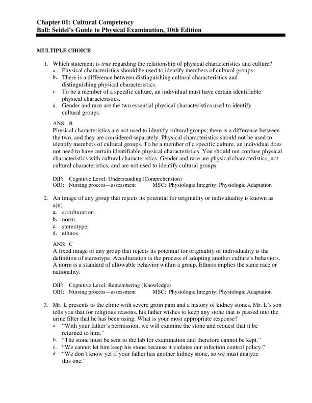 Test Bank For Seidel's Guide to Physical Examination An Interprofessional Approach 10th Edition by Jane W. Ball, Joyce E. Dains Chapter 1-26
