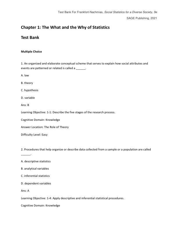 Test Bank for Social Statistics for a Diverse Society 9th Edition by Chava Frankfort Nachmias, Anna Y. Leon Guerrero, Georgiann Davis