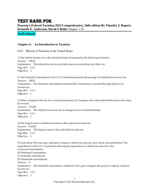 TEST BANK FOR Pearson's Federal Taxation 2023 Comprehensive, Individuals 36th edition By Timothy J. Rupert, Kenneth E. Anderson, David S Hulse Chapter 1-18 (2)