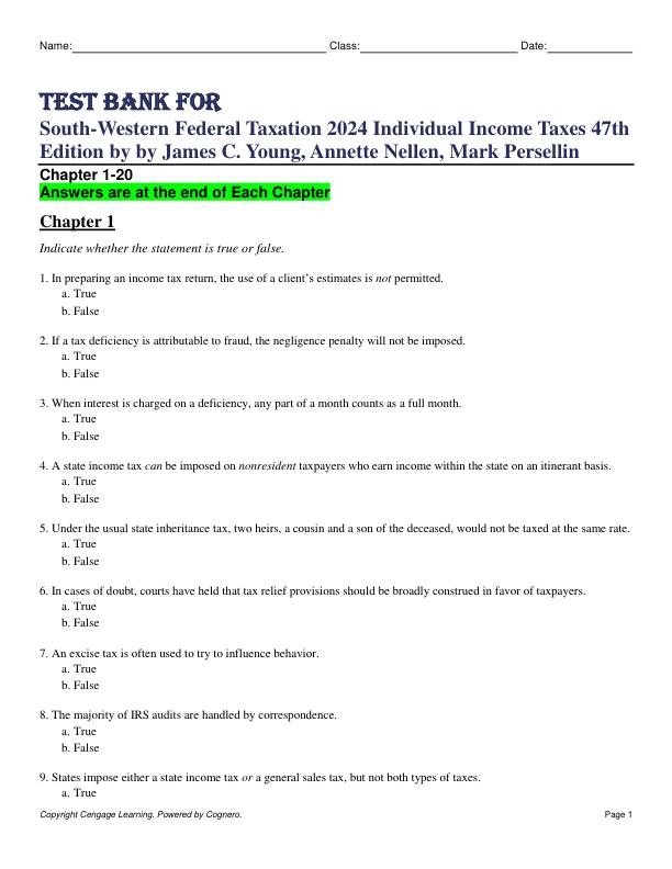 Test Bank for South-Western Federal Taxation 2024 Individual Income Taxes 47th Edition by by James C. Young, Annette Nellen, Mark Persellin Chapter 1-20