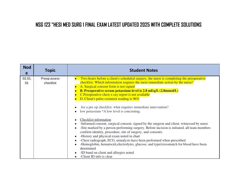 NSG 123 “HESI MED SURG 1 FINAL EXAM LATEST UPDATED 2025 WITH COMPLETE SOLUTIONS