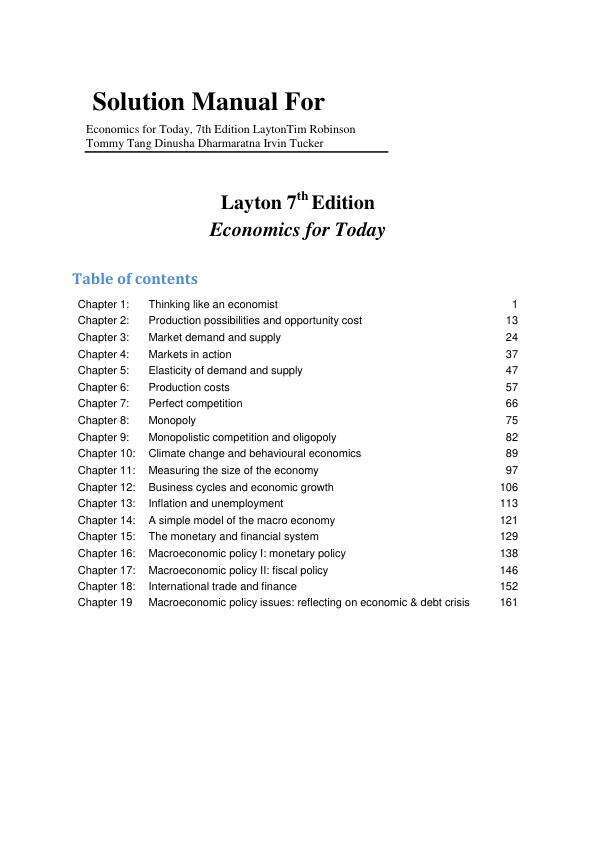 Solution Manual For Economics for Today, 7th Edition Allan LaytonTim RobinsonTommy TangDinusha DharmaratnaIrvin Tucker Chapter 1-19