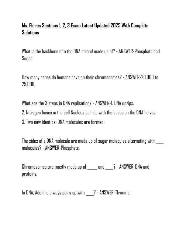 Ms. Flores Sections 1, 2, 3 Exam Latest Updated 2025 With Complete Solutions