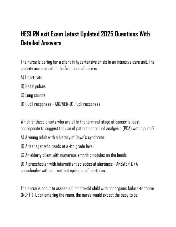 HESI RN exit Exam Latest Updated 2025 Questions With Detailed Answers
