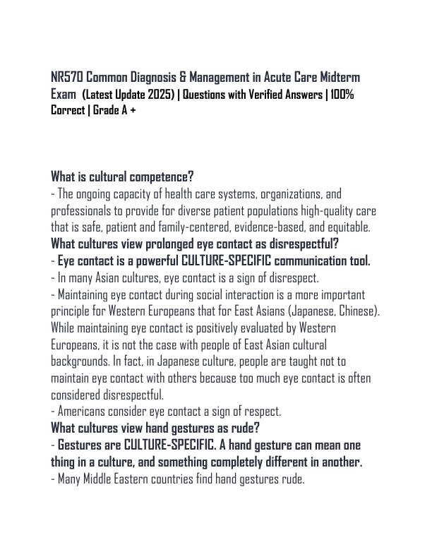 NR570 Common Diagnosis & Management in Acute Care Midterm Exam  (Latest Update 2025) Questions with Verified Answers 100% Correct  Grade A +
