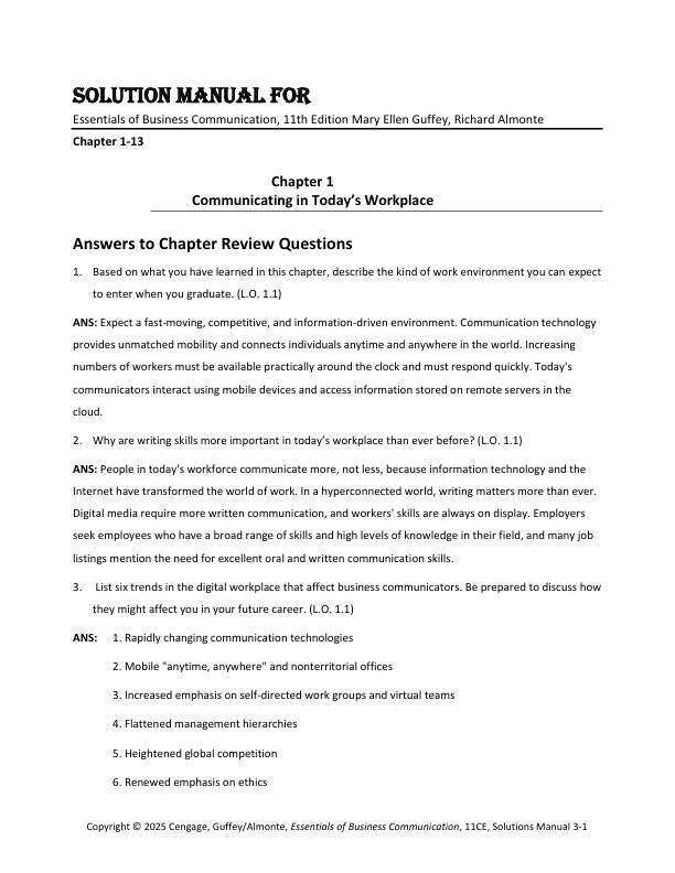 Solution Manual For Essentials of Business Communication, 11th Edition Mary Ellen Guffey, Richard Almonte Chapter(1-13)