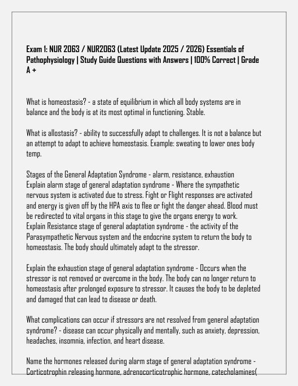 Exam 1 NUR 2063  NUR2063 (Latest Update 2025  2026) Essentials of Pathophysiology  Study Guide Questions with Answers  100% Correct  Grade A +