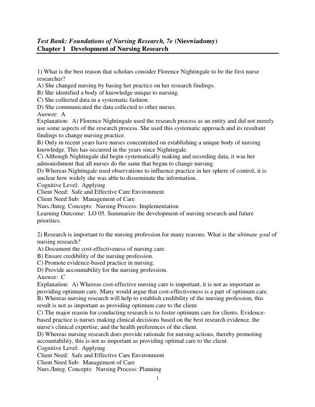 Test Bank For Foundations of Nursing Research, 7th edition by Rose Marie Nieswiadomy, Catherine Bailey Chapter 1-20 Complete Guide