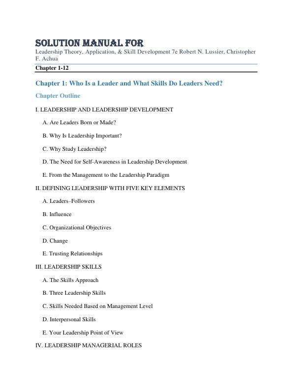 Solution Manual For Leadership Theory, Application, & Skill Development 7th Edition by Robert N. Lussier, Christopher F. Achua Chapter 1-12