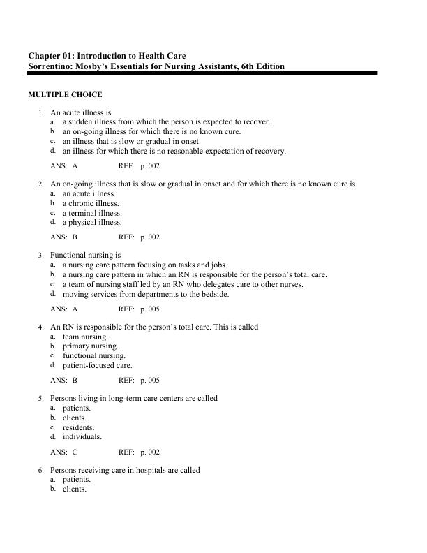 Test Bank Mosby's Essentials for Nursing Assistants, 6th Edition by Leighann Remmert, Sheila A. Sorrentino