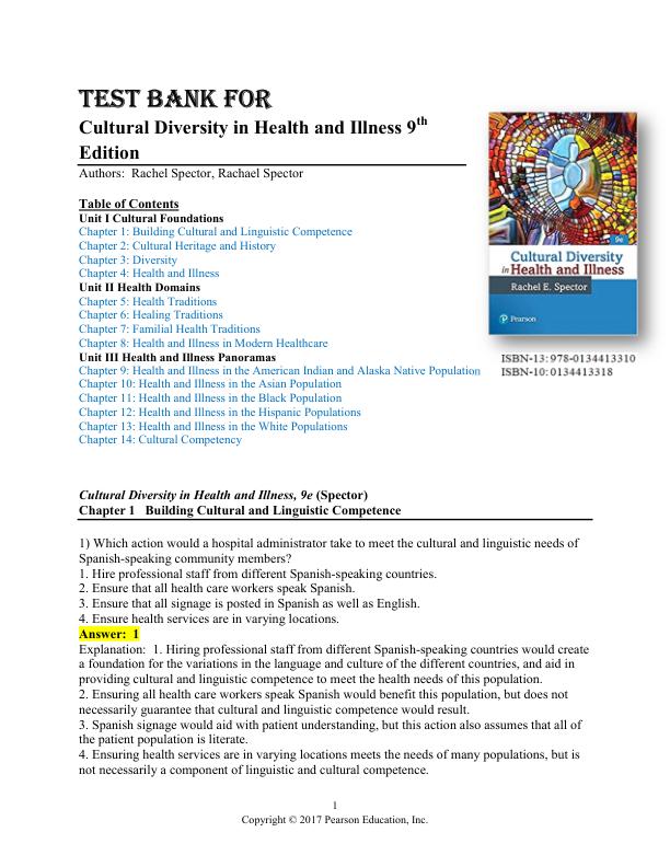 TEST BANK Cultural Diversity in Health and Illness 9th Edition by Rachel Spector, Rachae Chapter 1-14