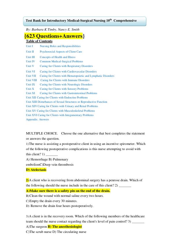 Test Bank for Introductory Medical-Surgical Nursing 10e Comprehensive by Barbara K Timby, Nancy E. Smith Complete Guide A+
