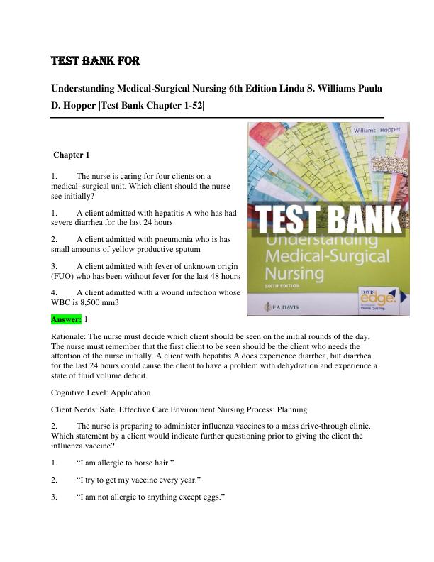 TEST BANK FOR Understanding Medical-Surgical Nursing 6th Edition Linda S. Williams Paula D. Hopper Test Bank Chapter 1-52