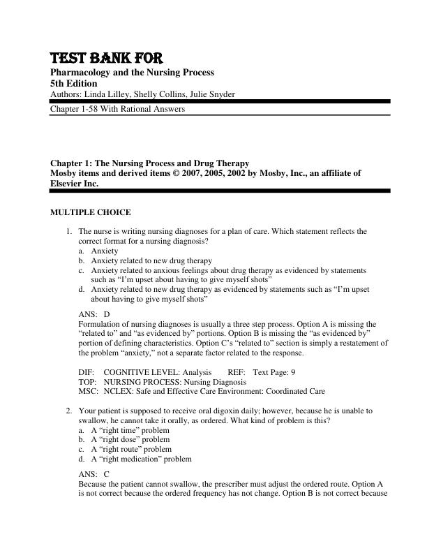 Test Bank for Pharmacology and the Nursing Process 5th Edition Authors Linda Lilley, Shelly Collins, Julie Snyder Chapter 1-59 With Rational Answers