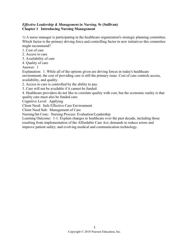 Test Bank Effective Leadership and Management in Nursing 9th Edition by Eleanor Sullivan