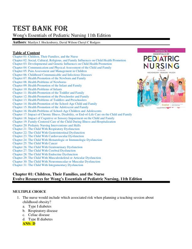 TEST BANK FOR Wong's Essentials of Pediatric Nursing 11th Edition Authors Marilyn J. Hockenberry, David Wilson Cheryl C Rodgers Chapter 1-31