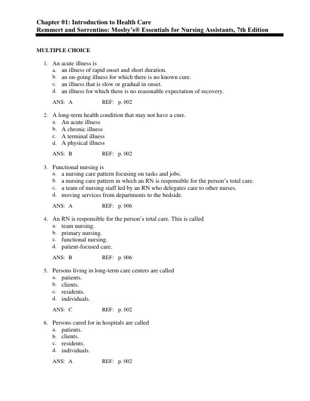 Test Bank For Mosby's Essentials for Nursing Assistants 7th Edition by Leighann Remmert Chapter 1-45