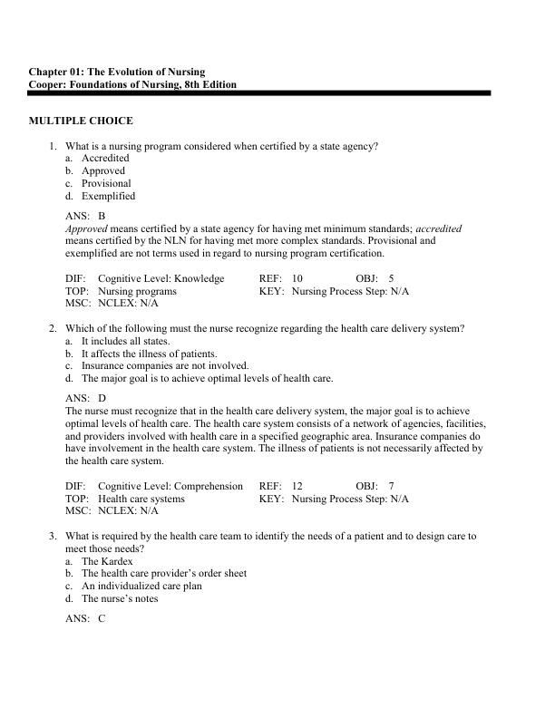 Test Bank Foundations and Adult Health Nursing 8th Edition by Kim Cooper Chapter 1-58