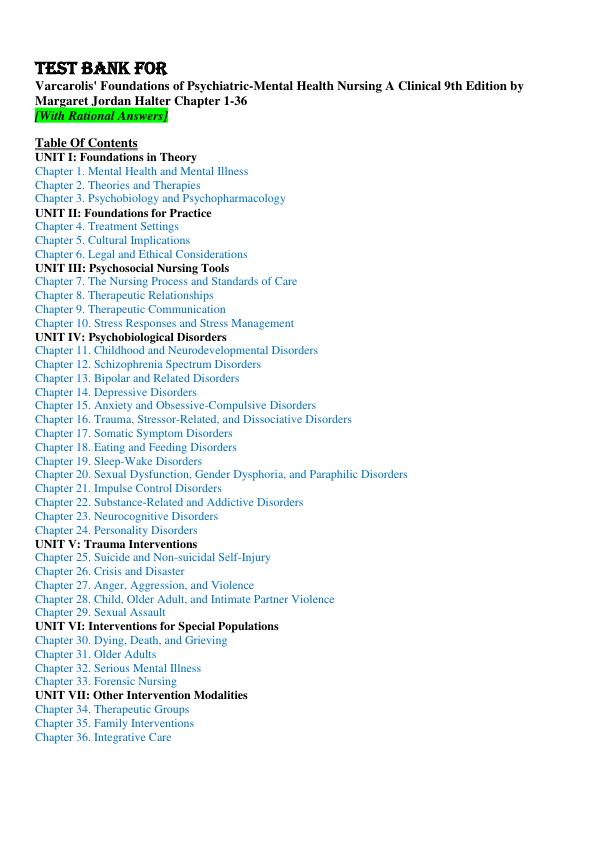 TEST BANK FOR Varcarolis' Foundations of Psychiatric-Mental Health Nursing A Clinical 9th Edition by Margaret Jordan Halter Chapter 1-36