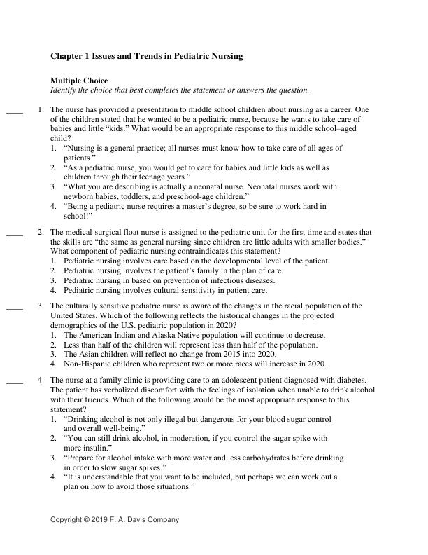 Test Bank Davis Advantage for Pediatric Nursing The Critical Components of Nursing Care Second Edition by by Kathryn Rudd, Diane Kocisko Chapter 1-22
