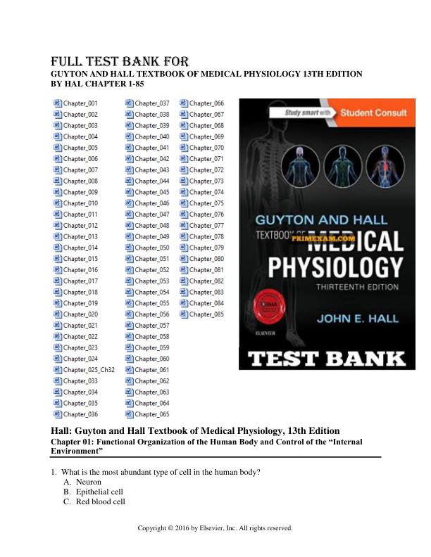 TEST BANK FOR GUYTON AND HALL TEXTBOOK OF MEDICAL PHYSIOLOGY 13TH EDITION BY HAL CHAPTER 1-85