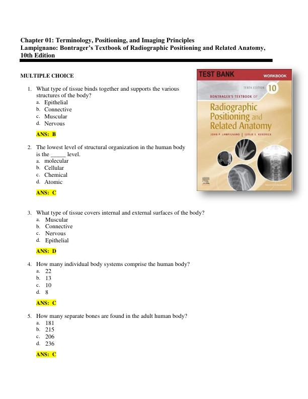 Test Bank for Bontragers Textbook of Radiographic Positioning and Related Anatomy 10th Edition by Lampignano Chapter 1-20