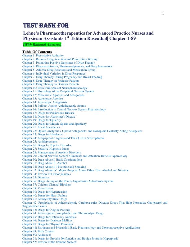 Test Bank Lehne’s Pharmacotherapeutics for Advanced Practice Nurses and Physician Assistants 1st Edition Rosenthal  Test Bank Chapter 1-89 Complete Guide A+