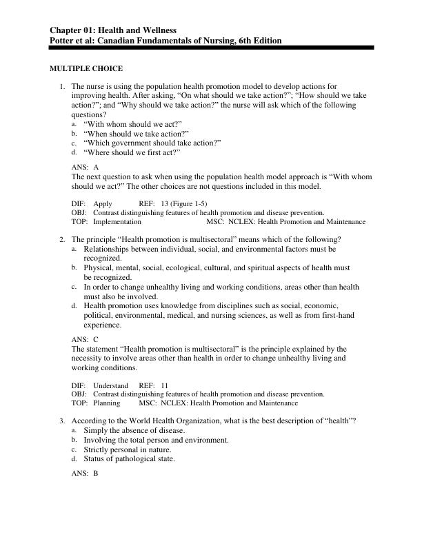 Test Bank for Canadian Fundamentals of Nursing 6th Edition by Potter Chapter 1-48