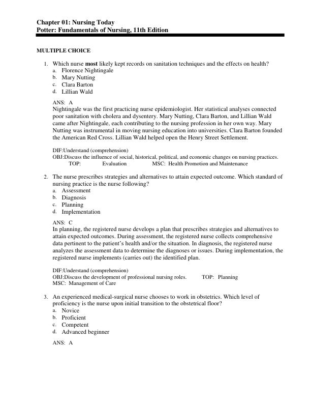 Test Bank for Fundamentals of Nursing 11th Edition Potter Perry Chapter 1-50 Complete Guide A+