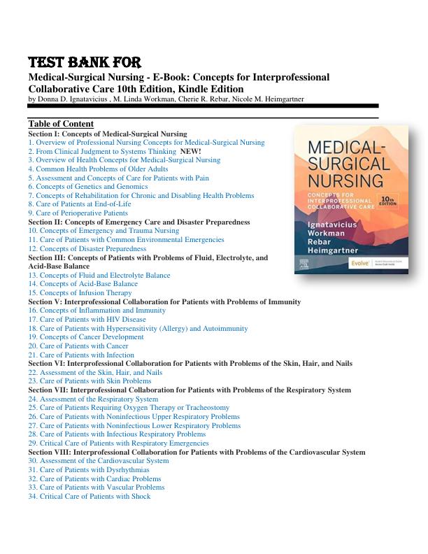TEST BANK FOR Medical-Surgical Nursing - E-Book Concepts for Interprofessional Collaborative Care 10th Edition, Kindle Edition by Donna D. Ignatavicius Chapter 1-69