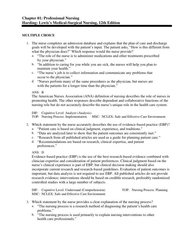 Test Bank For Lewis's Medical-Surgical Nursing Assessment and Management of Clinical Problems, Single Volume 12th Edition by Mariann M. Harding, Jeffrey Kwong, Debra Hagler Chapter 1-69