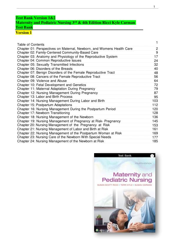 Test Bank for Maternity and Pediatric Nursing 4th Edition Ricci Kyle Carman Version 1& 2