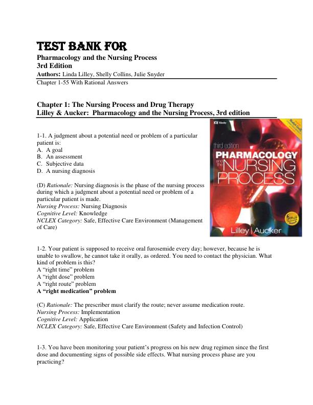 TEST BANK Pharmacology and the Nursing Process 3rd Edition Linda Lane Lilley, Shelly Rainforth Collins, Julie S. Snyder Chapter 1-55