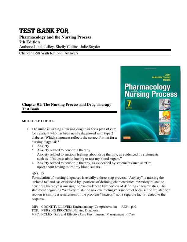 TEST BANK Pharmacology and the Nursing Process 7th Edition Linda Lane Lilley, Shelly Rainforth Collins, Julie S. Snyder Chapter 1-58