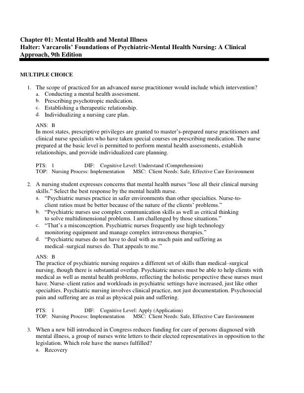 Test Bank Varcarolis' Foundations of Psychiatric-Mental Health Nursing A Clinical 9th Edition by Margaret Jordan Halter Test Bank Chapter 1-36