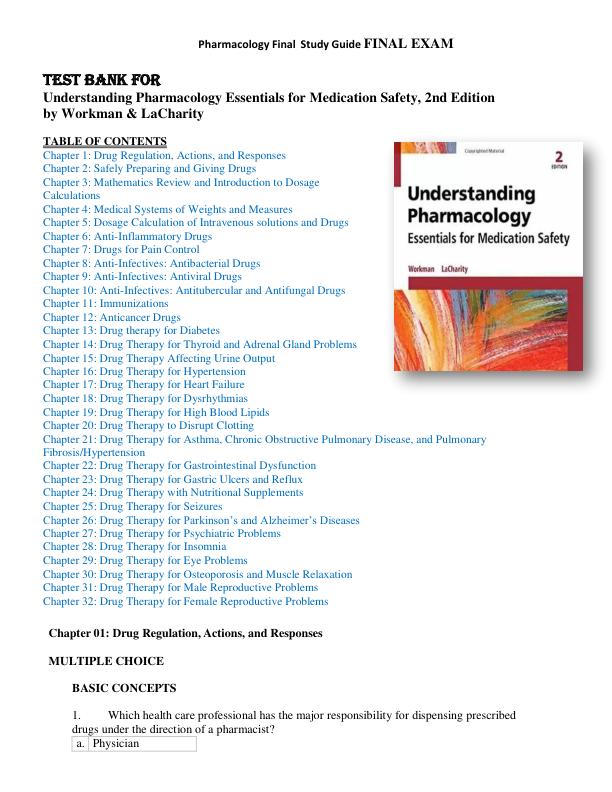 Understanding Pharmacology Essentials for Medication Safety, 2nd Edition by Workman & LaCharity Pharmacology FINAL EXAM, FINAL Study Guide