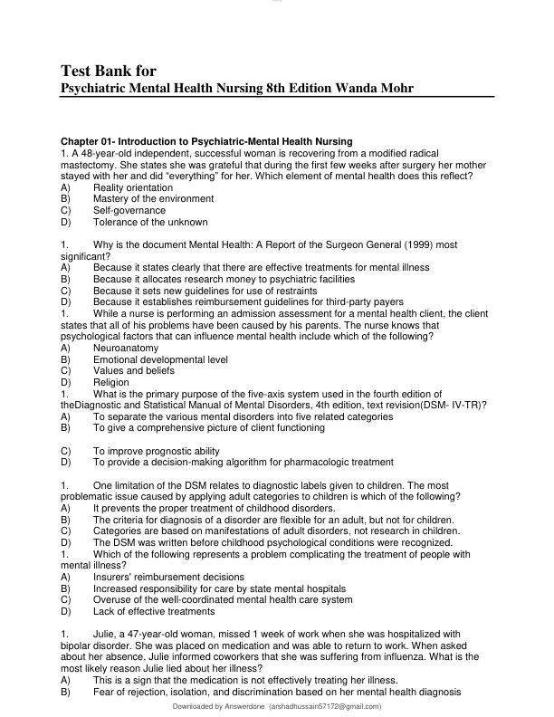 Test Bank for Psychiatric Mental Health Nursing 8th Edition Wanda Mohr