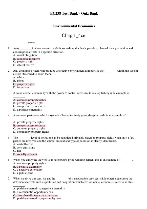 EC238 Test Bank - Quiz Bank Environmental Economics...