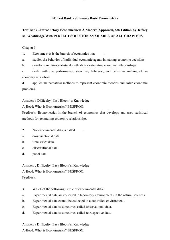 Test Bank –Introductory Econometrics A ModernApproach, 5th Edition by Jeffrey M. WooldridgeWith PERFECT SOLUTION AVAILABLE OF ALLCHAPTERSCh