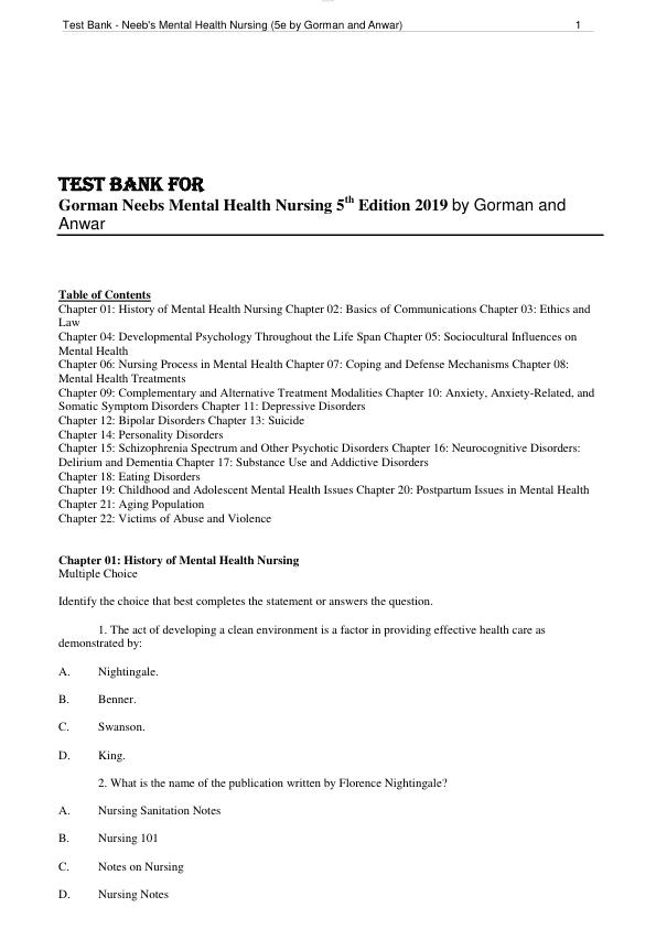 Test Bank for Gorman Neebs Mental Health Nursing 5th Edition 2019 by Gorman and Anwar