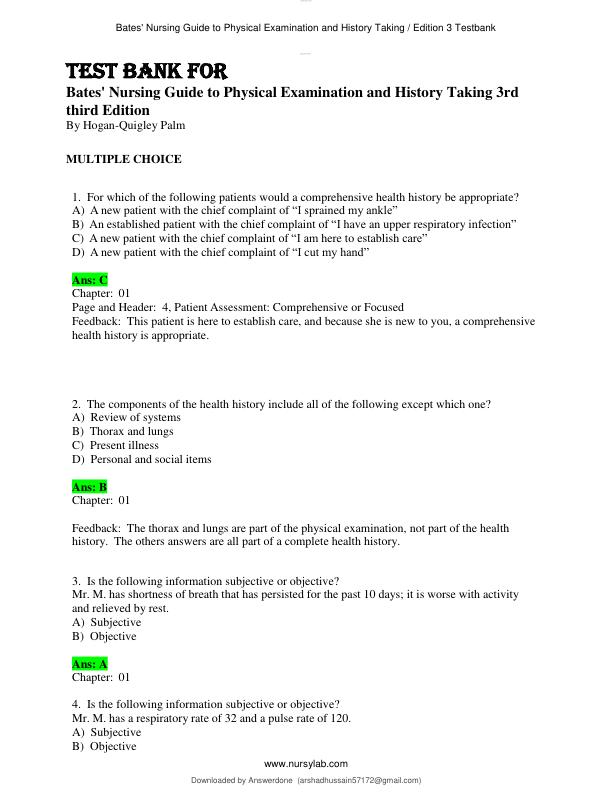 TEST BANK FOR Bates' Nursing Guide to Physical Examination and History Taking 3rd third Edition By Hogan-Quigley Palm